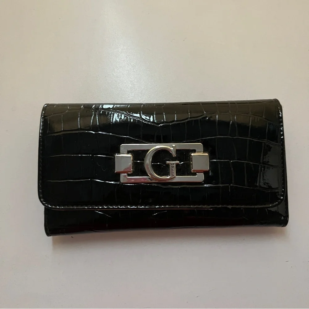Guess Black Croc-Embossed Wallet with Silver Logo Clasp – 7” Width
